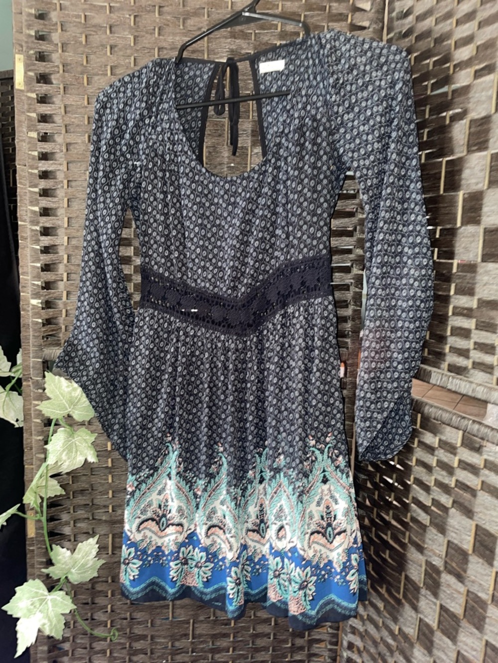 Hollister Black Dress with Blue and Teal Border Print - Long Sleeve